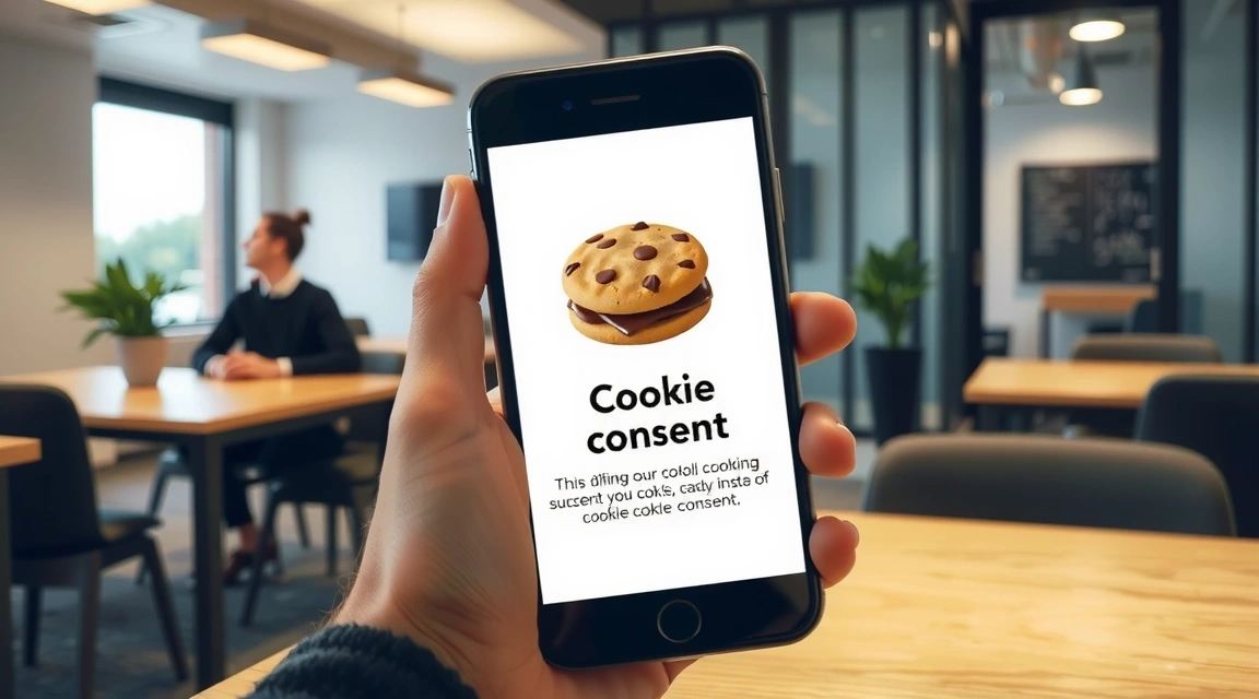 Hand hält ein Smartphone mit Cookie-Zustimmungsbanner