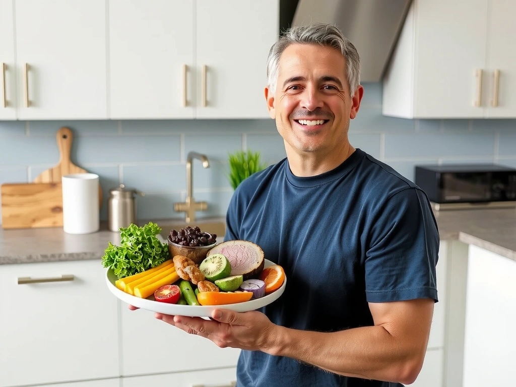 Mann Max S. mit einem Teller voller gesunder, bunter Lebensmittel, glücklich und zufrieden