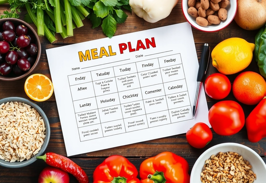 Bunter, gesunder Ernährungsplan mit frischen Zutaten und Notizen