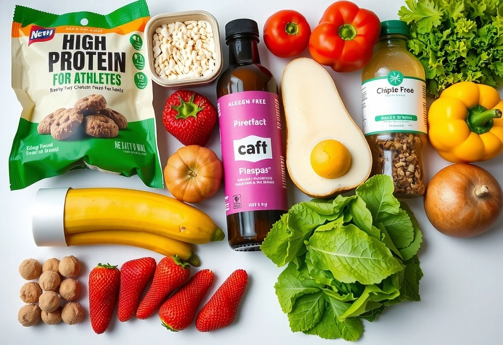 Verschiedene gesunde Lebensmittel gruppiert für Sportler, Schwangere und Allergiker