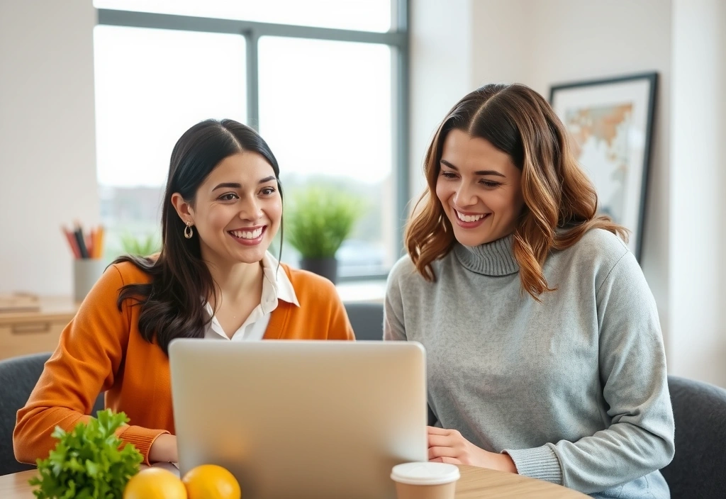 Zwei Personen lächeln bei einem Videoanruf, symbolisiert Online-Betreuung