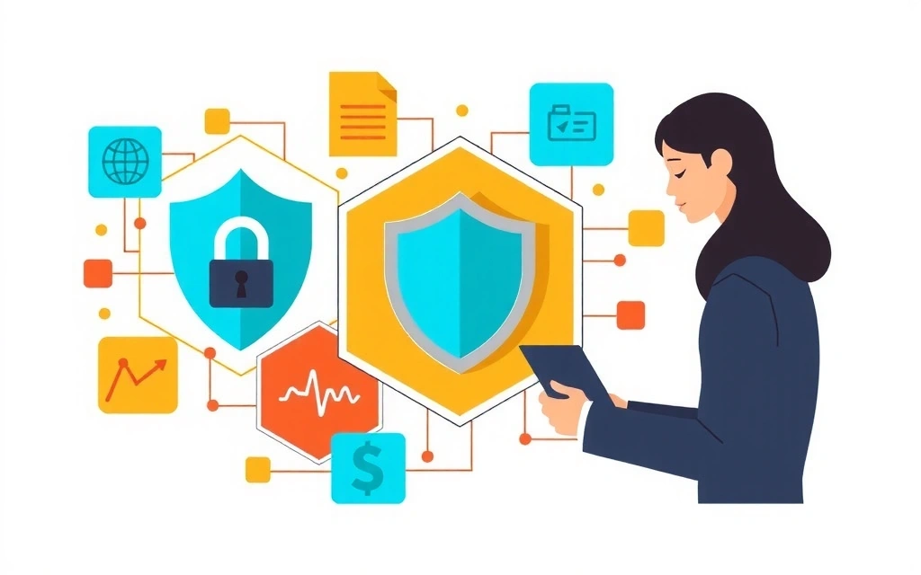 Datenschutz-Symbole und eine Person, die einen Laptop benutzt