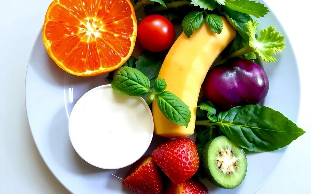 Ein Teller mit buntem, gesundem Essen, das die Grundlagen einer ausgewogenen Ernährung darstellt.