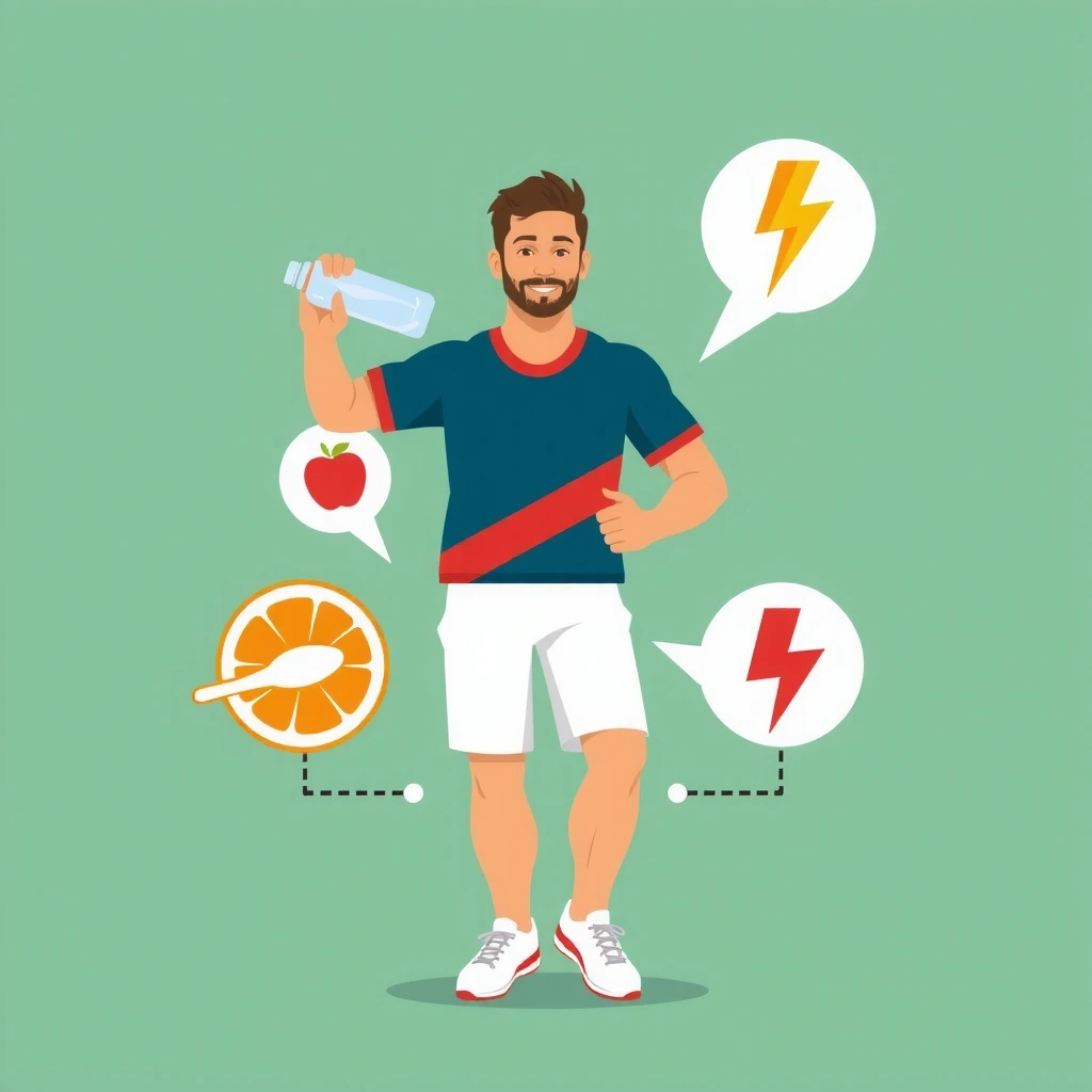 Symbolbild für Sportlerernährung: ein Athlet, der eine Sportflasche hält, umgeben von Energie-Symbolen.