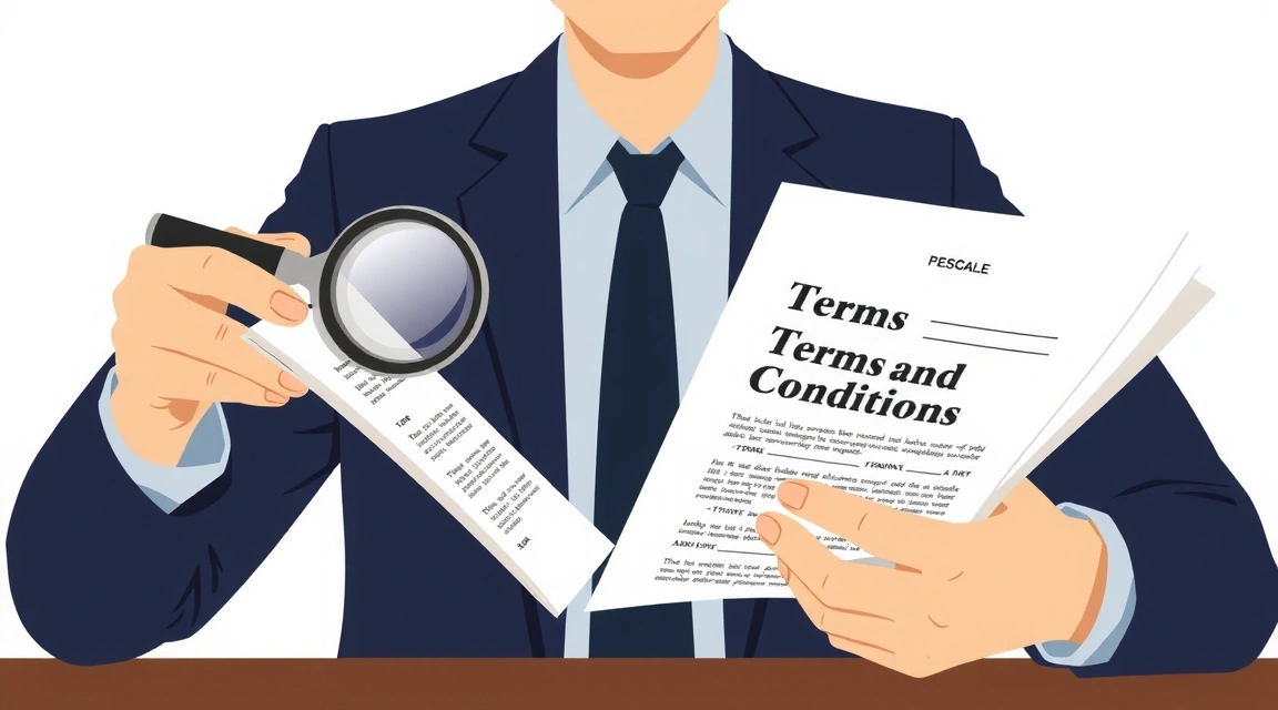 Illustration einer Person, die sorgfältig Geschäftsbedingungen liest und unterschreibt